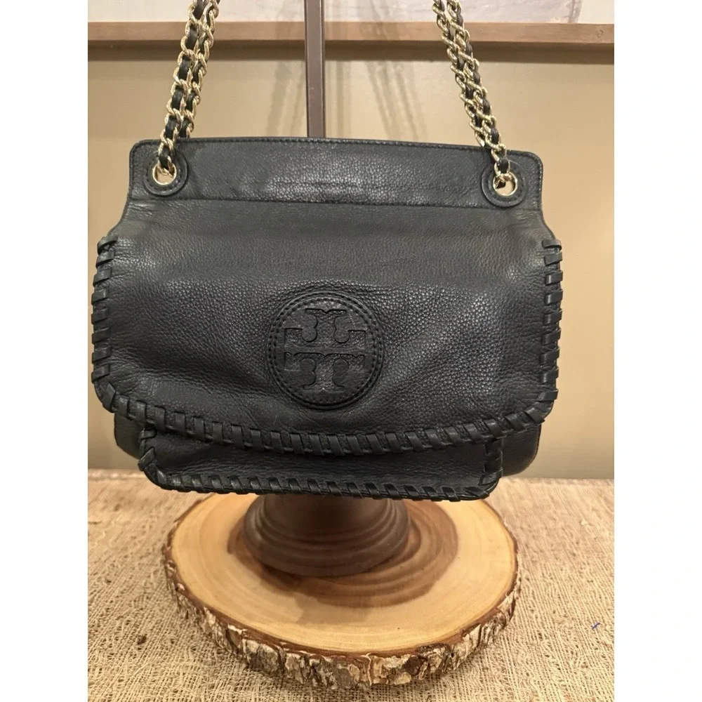 Tory Burch Marion Black Pebbled Leather 2-Way Whipstich Chain Strap Shoulder Bag